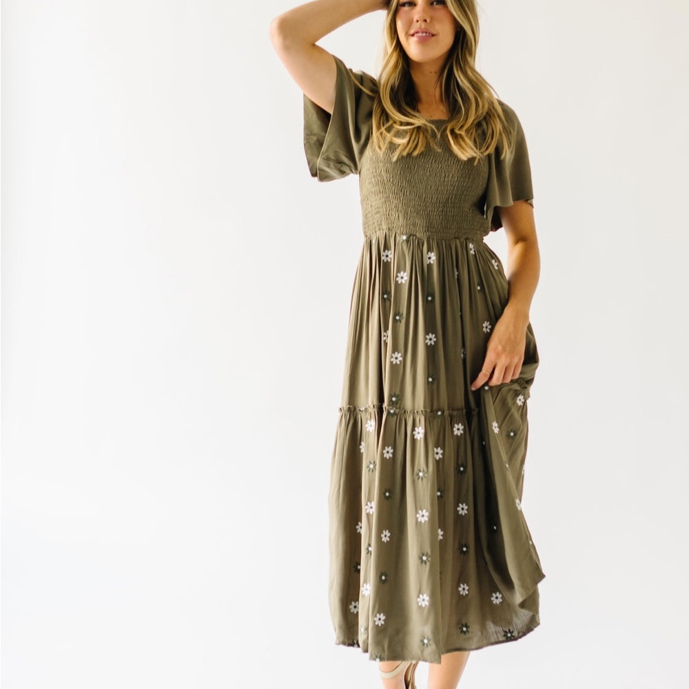 Piper and Scoot dress The Parley Embroidered Maxi Dress in Olive